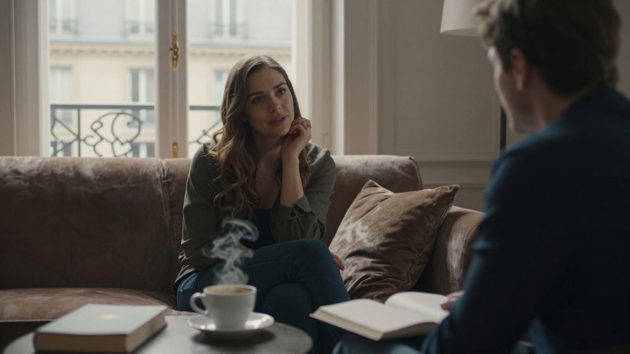 A woman listening attentively to a man in a cozy Paris apartment, natural light and books around.
